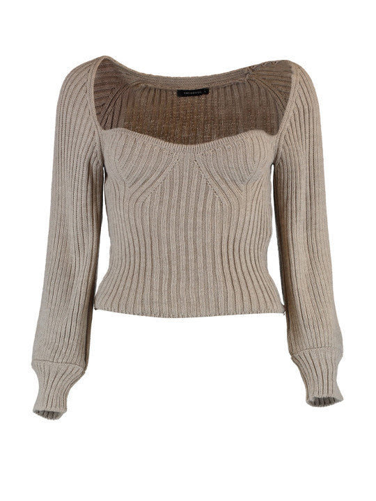 Long Sleeves Sweetheart Neck Crop Top In Beige