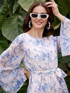 Boat Neck Long Sleeves Playsuit with Belt In Blue