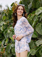 Boat Neck Long Sleeves Playsuit with Belt In Blue