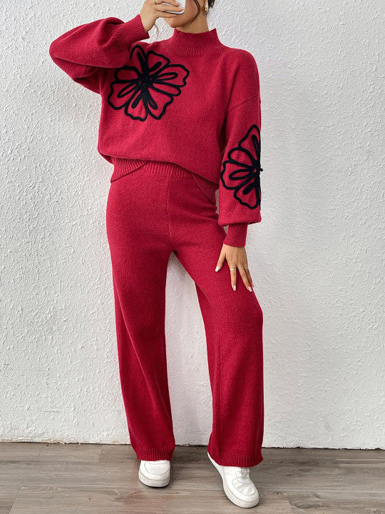 Solid Embroidered Pullover And Pants Set