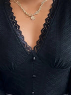 V-Neck Long Sleeves Fitted Top In Black