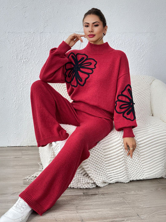 Solid Embroidered Pullover And Pants Set