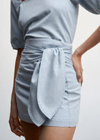 Knot Detail Chambray Straight Mini Skirt