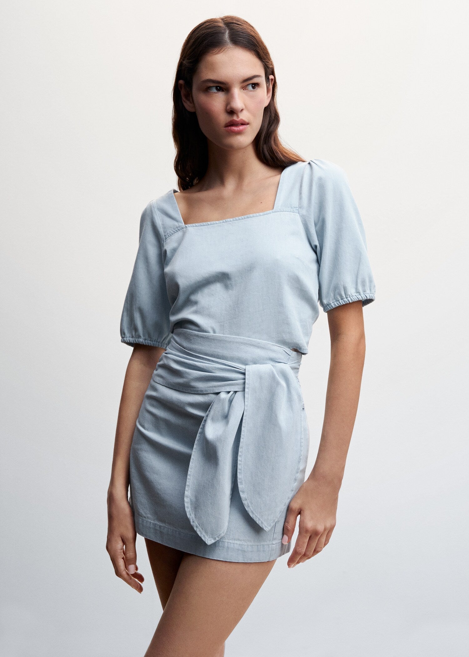 Knot Detail Chambray Straight Mini Skirt