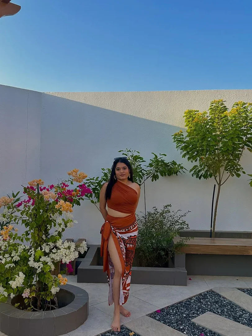 High-Slit Printed Sarong Swimsuit Ensemble