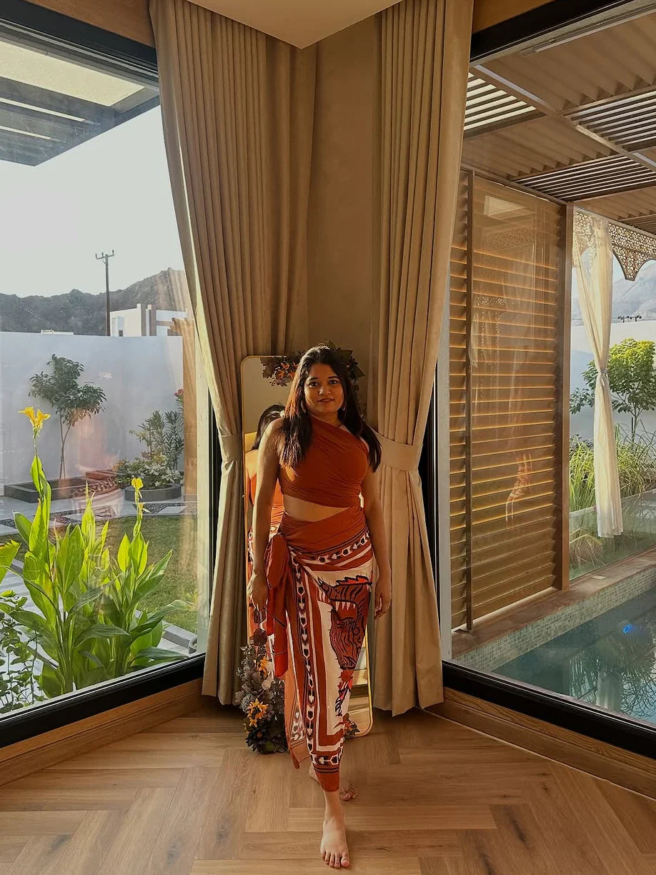 High-Slit Printed Sarong Swimsuit Ensemble