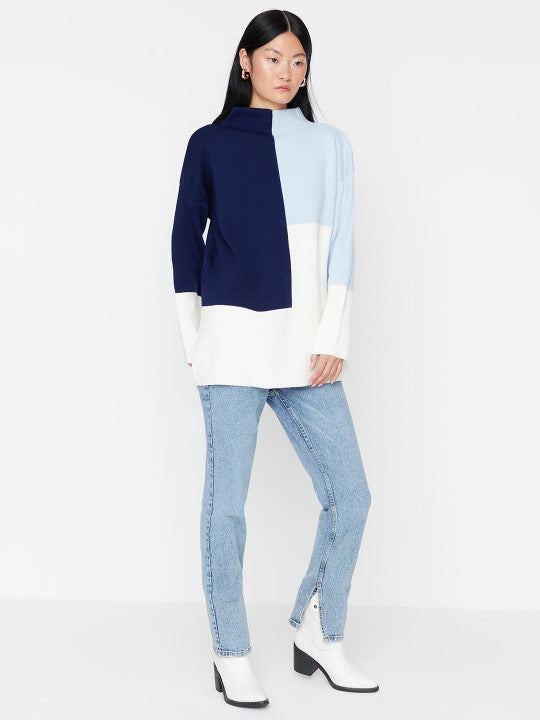 Colourblocked High Neck Pure Acrylic Pullover