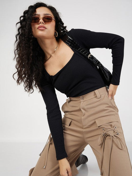 Black Ribbed Square Neck Fitted Top