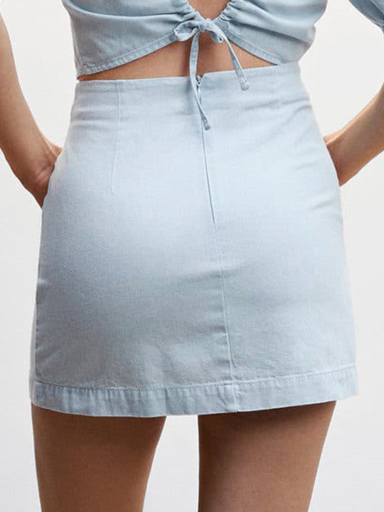 Knot Detail Chambray Straight Mini Skirt