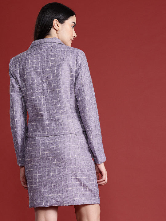 Lavender Checked Blazer & Skirt Set