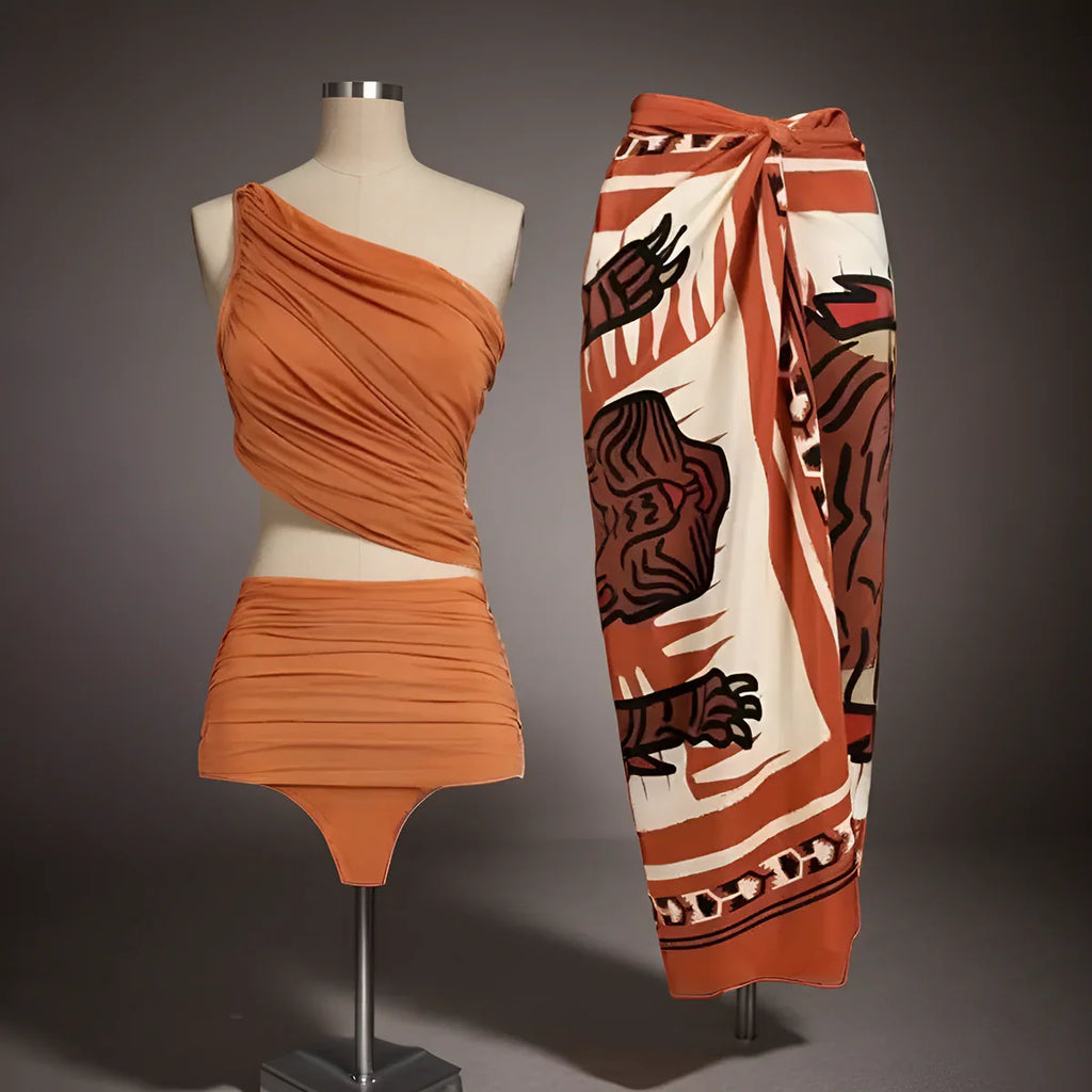High-Slit Printed Sarong Swimsuit Ensemble