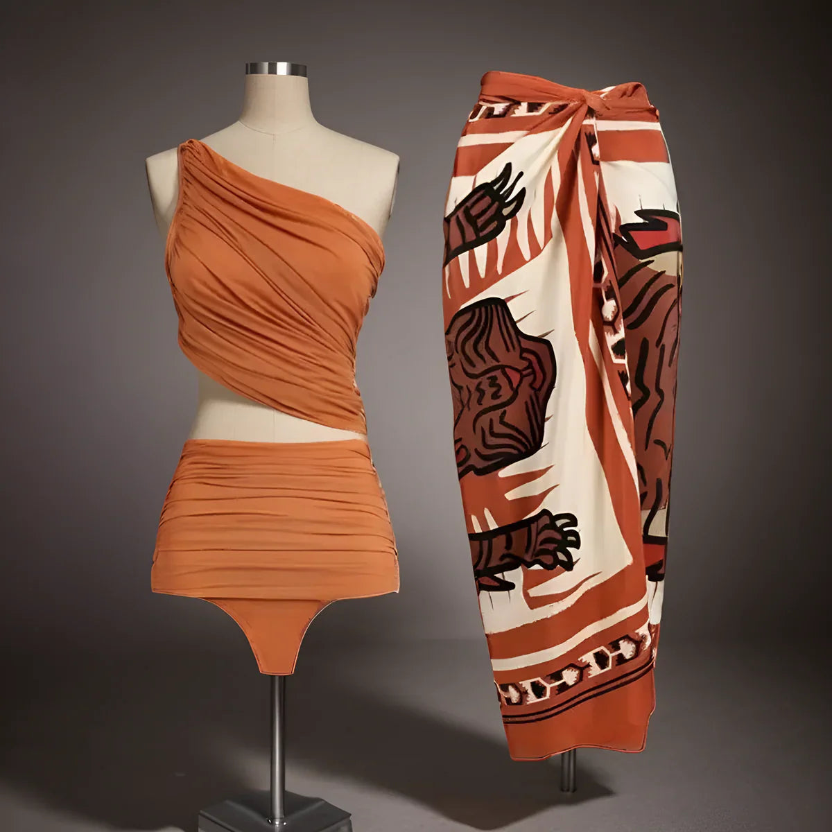 High-Slit Printed Sarong Swimsuit Ensemble