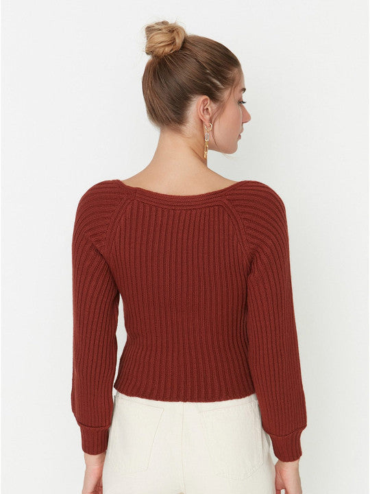 Long Sleeves Sweetheart Neck Crop Top In Red