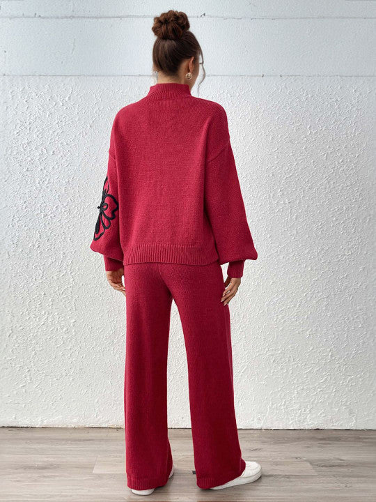 Solid Embroidered Pullover And Pants Set