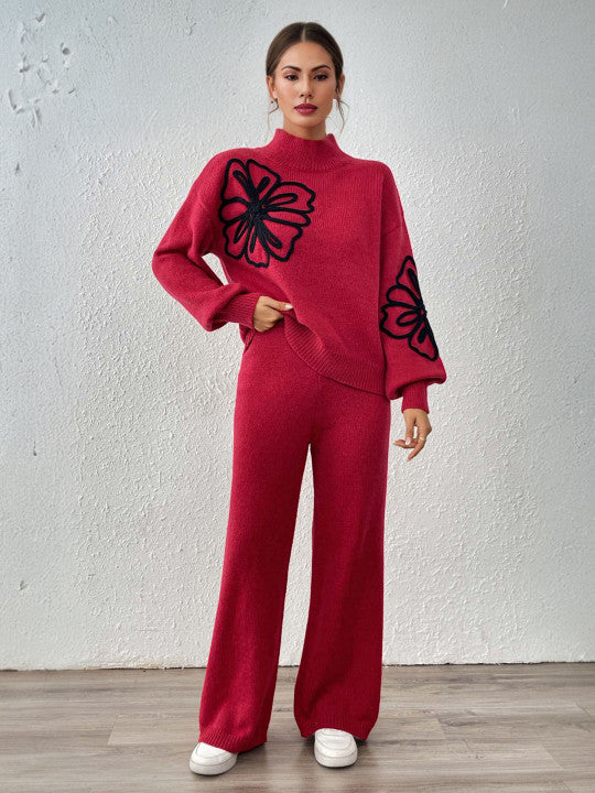 Solid Embroidered Pullover And Pants Set