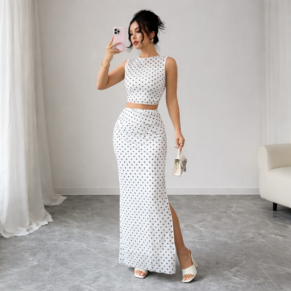 Polka Dot Crop Top & Maxi Skirt Co-Ord Set
