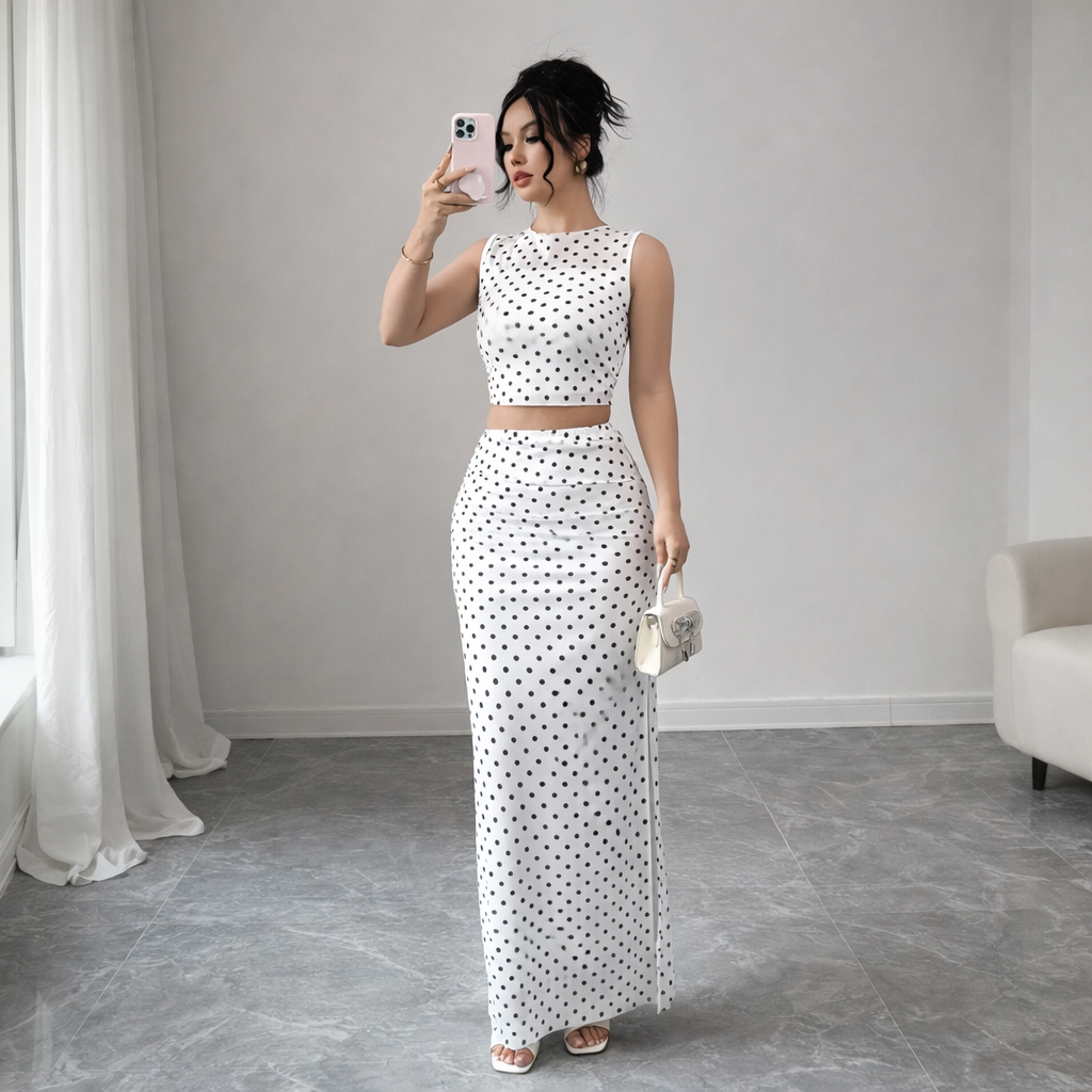 Polka Dot Crop Top & Maxi Skirt Co-Ord Set
