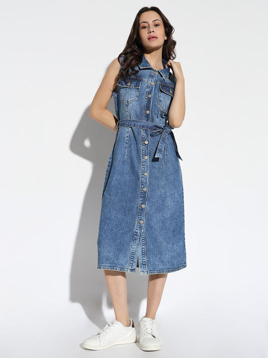 Sleeveless Denim Shirt Dress With Belt