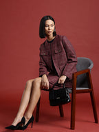 Checked Front-Open Blazer & Skirt Set