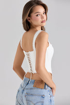 White Stretch Cotton Scallop Trim Corset Top