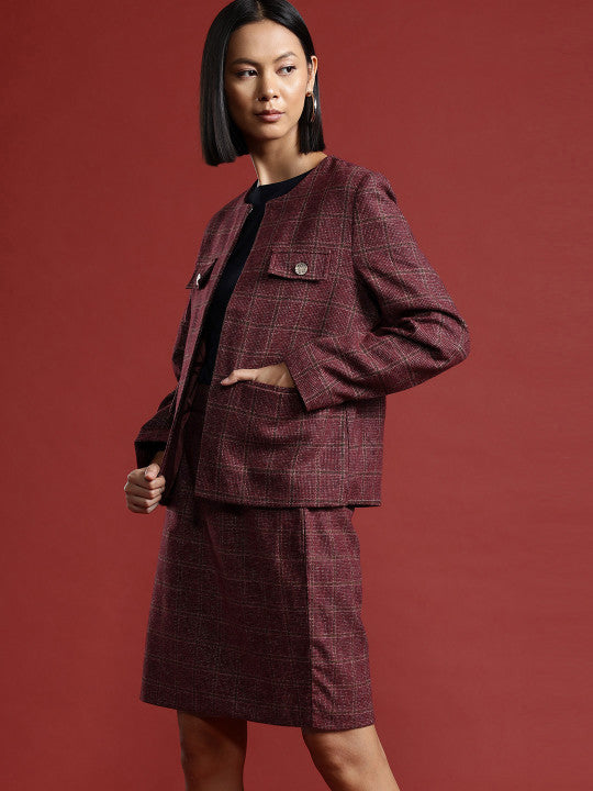 Checked Front-Open Blazer & Skirt Set