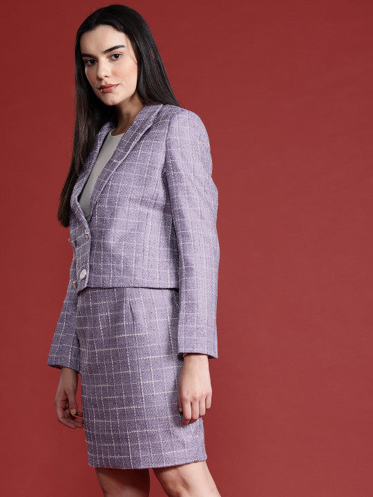Lavender Checked Blazer & Skirt Set
