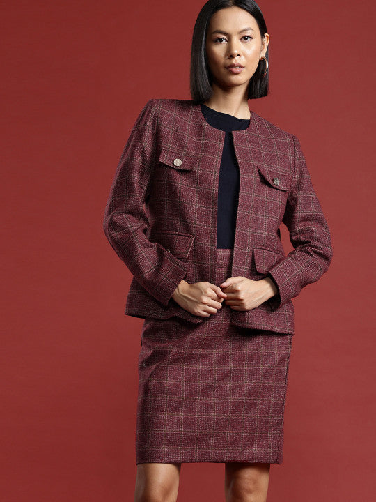 Checked Front-Open Blazer & Skirt Set