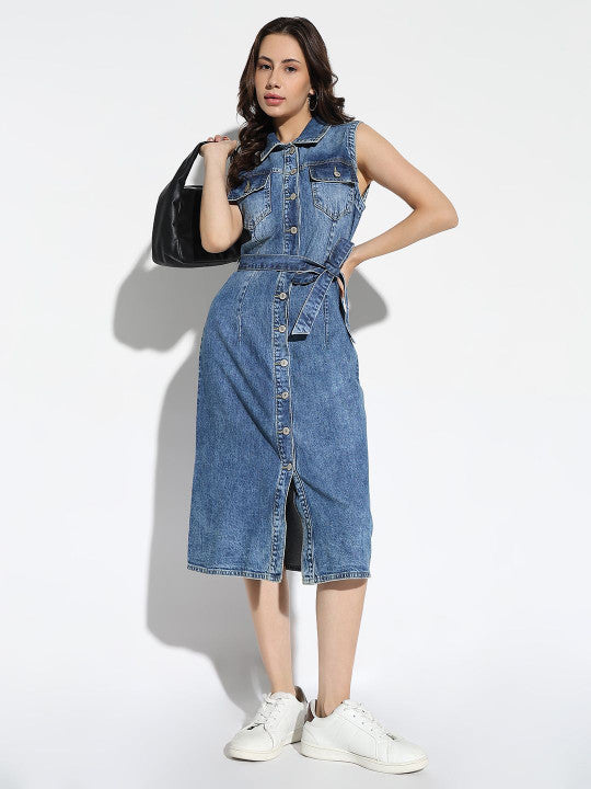 Sleeveless Denim Shirt Dress With Belt