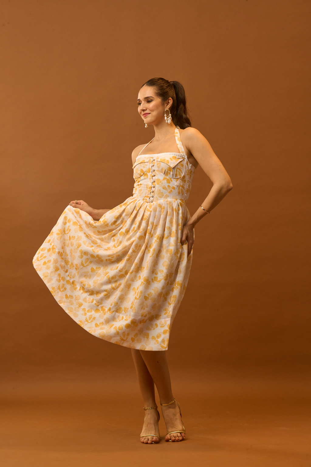 Moon Tie-Around Neck Strap Dress  In Yellow
