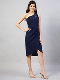 Navy Blue Solid One Shoulder Tulip Hem Dress