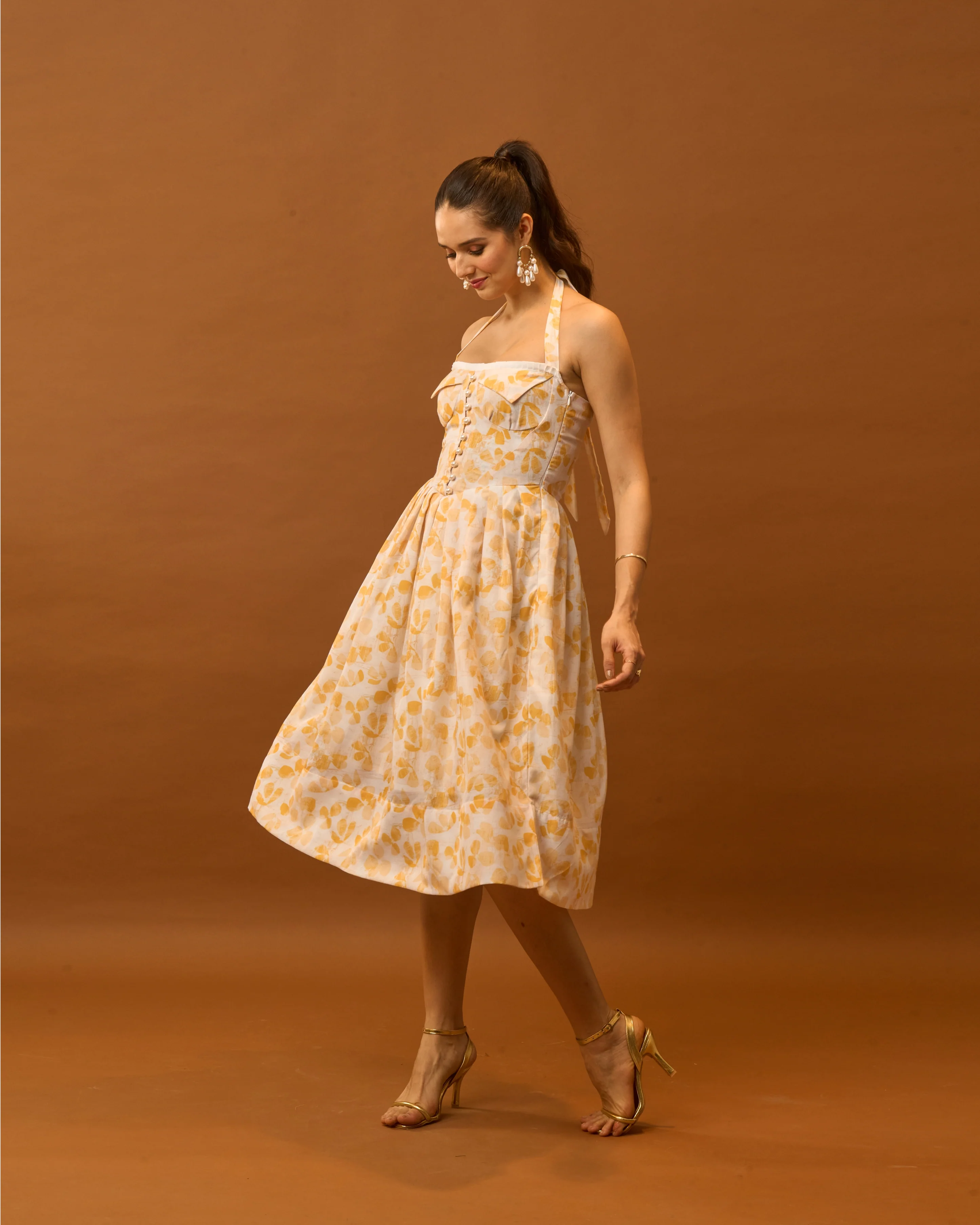 Moon Tie-Around Neck Strap Dress  In Yellow
