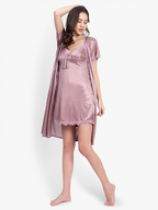 Queen Pink Satin Nightdress With Robe