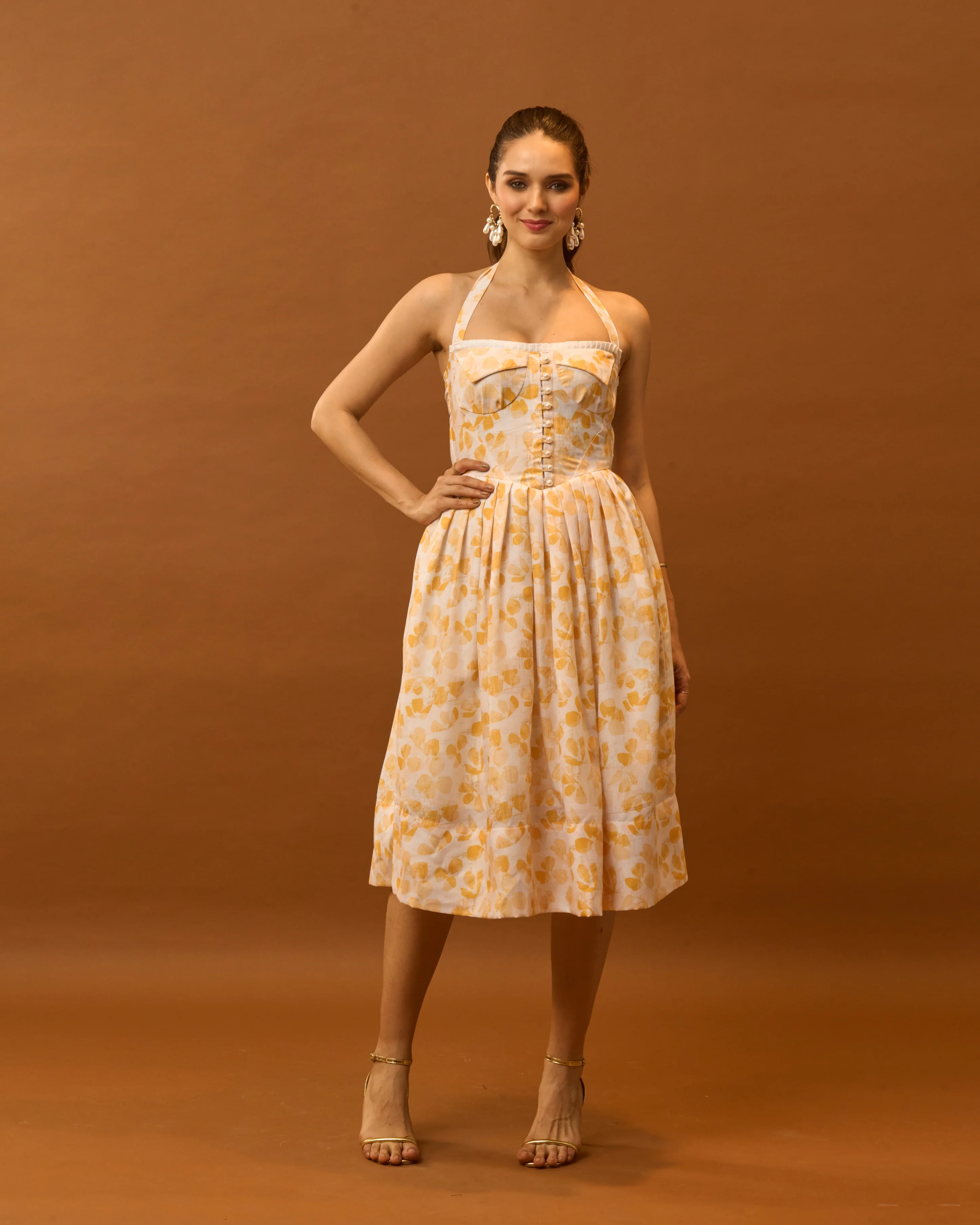 Moon Tie-Around Neck Strap Dress  In Yellow