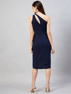 Navy Blue Solid One Shoulder Tulip Hem Dress