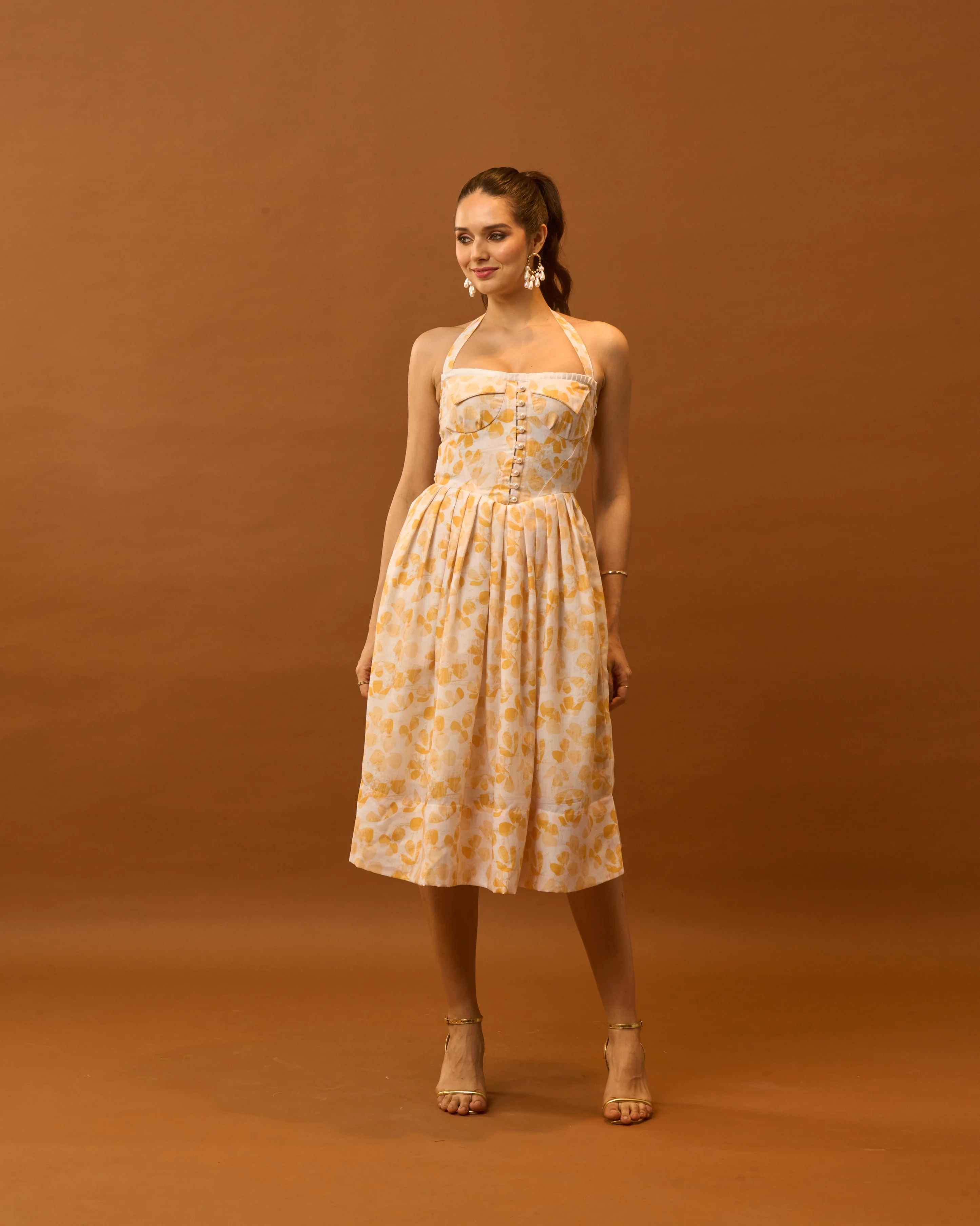 Moon Tie-Around Neck Strap Dress  In Yellow