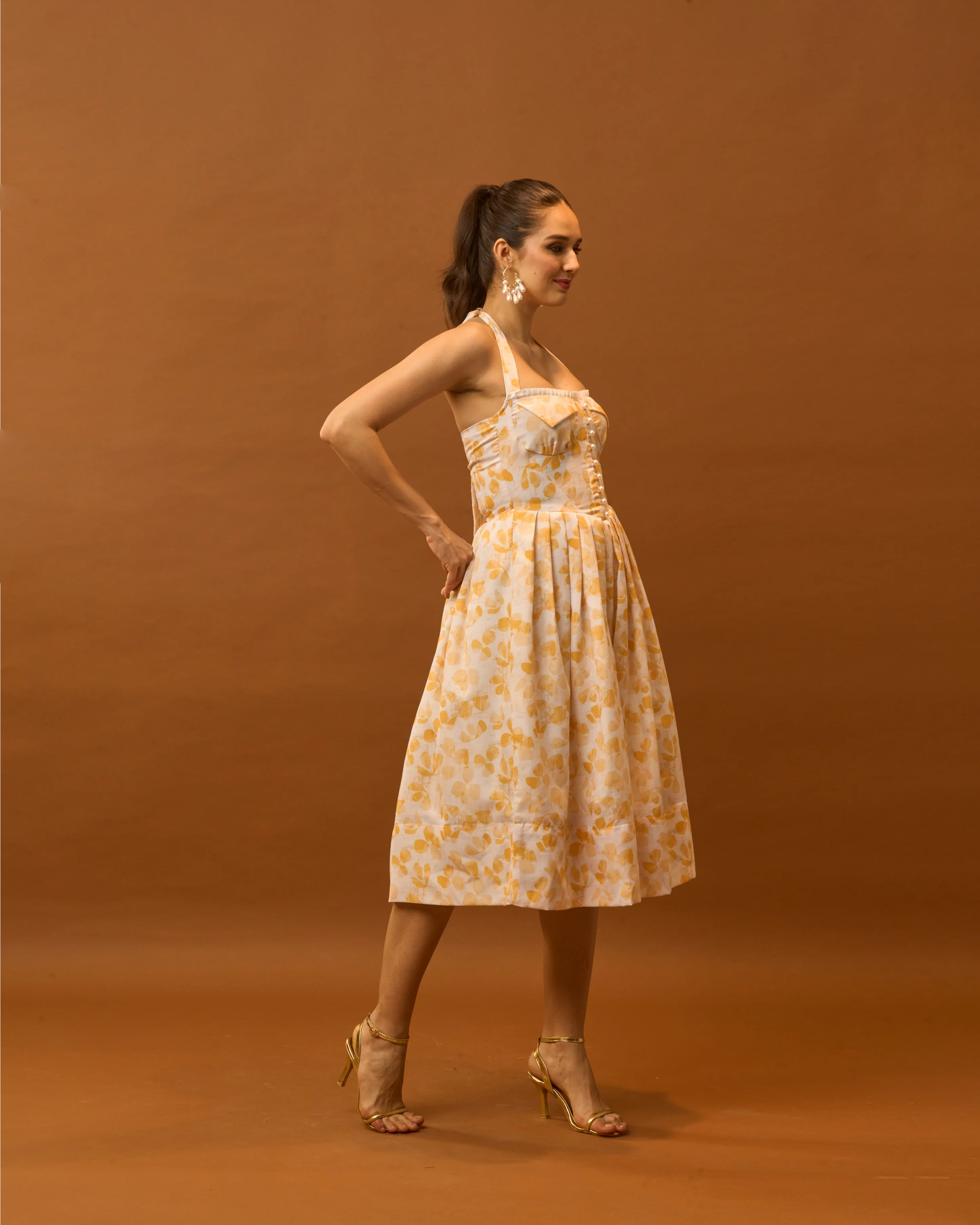 Moon Tie-Around Neck Strap Dress  In Yellow