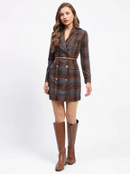 Plaid Pattern Belted Mini Blazer Dress With Belt