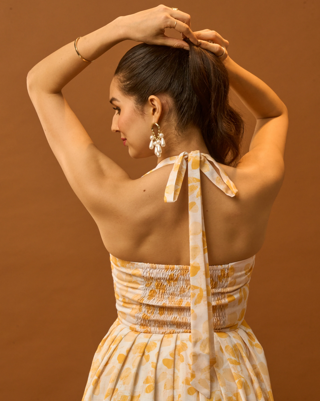 Moon Tie-Around Neck Strap Dress  In Yellow
