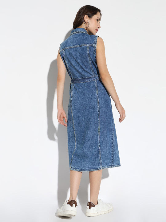 Sleeveless Denim Shirt Dress With Belt