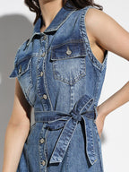 Sleeveless Denim Shirt Dress With Belt
