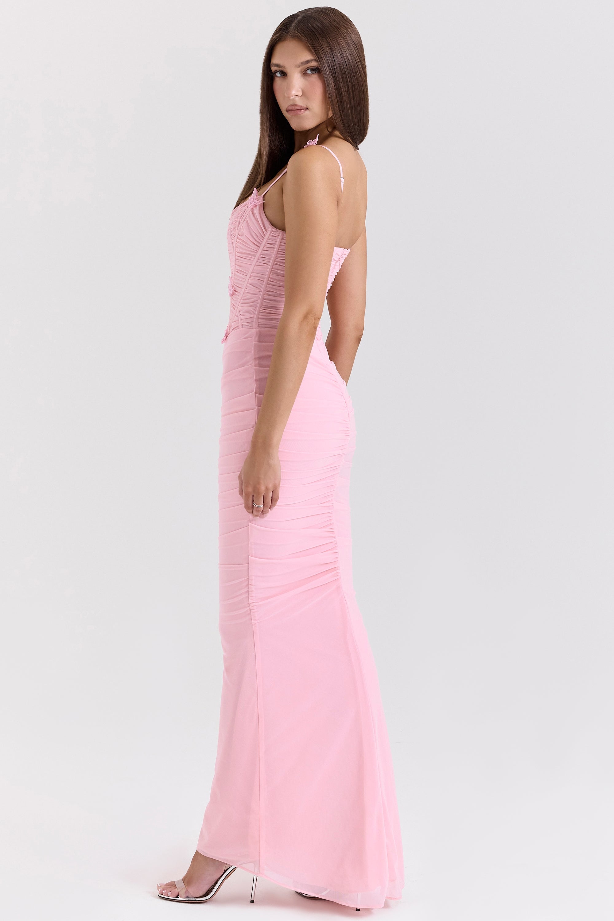 Pink Stretch Mesh Butterfly Maxi Dress